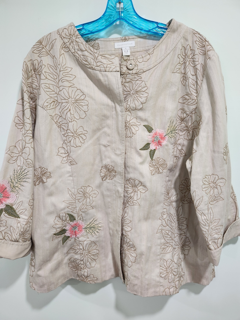 Christopher & Banks Beige Tunic Jacket with Pink Floral Embroidery